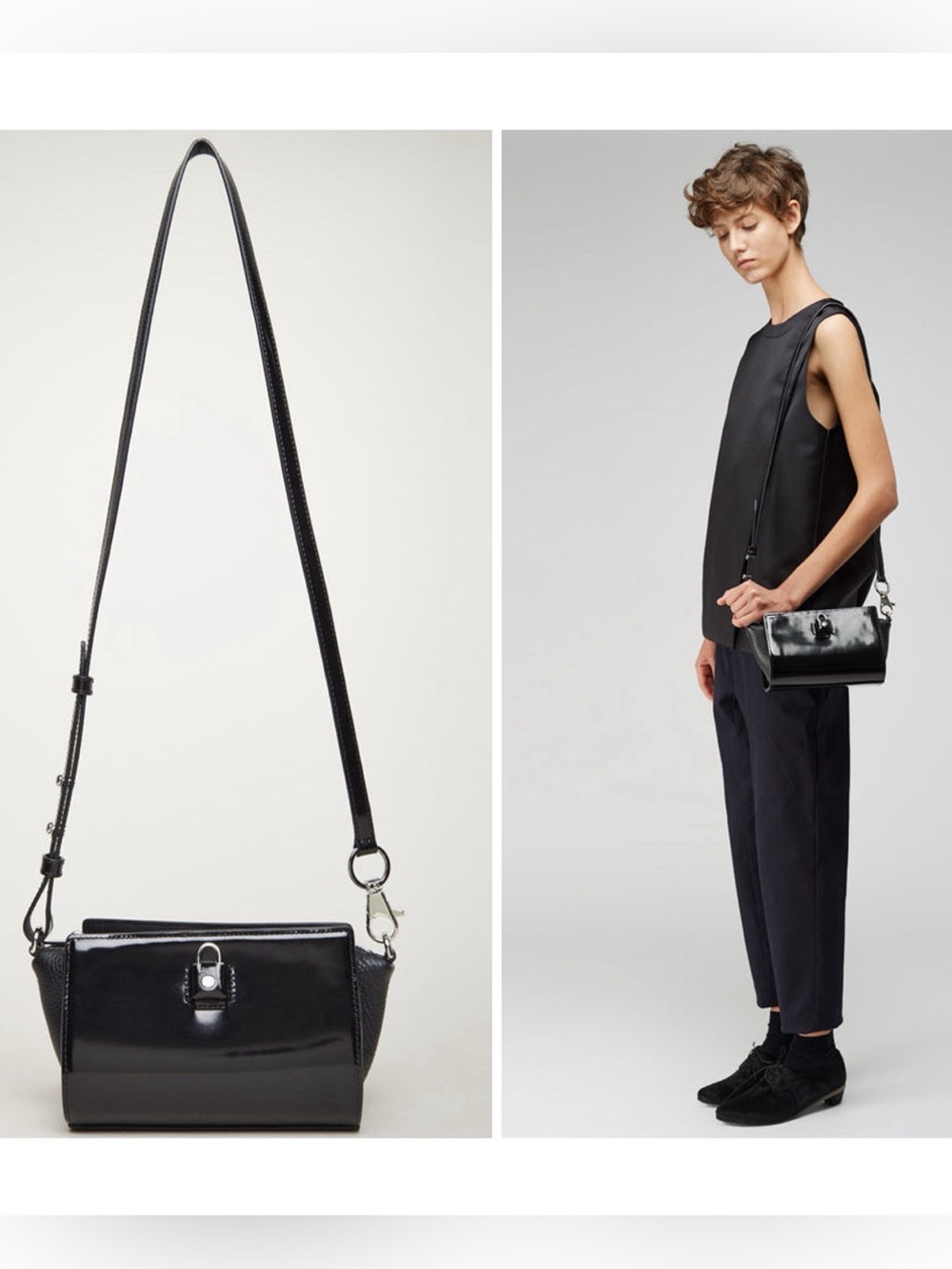 $625 Alexander Wang Pelican Sling Black Patent Pebble Leather Crossbody Bag